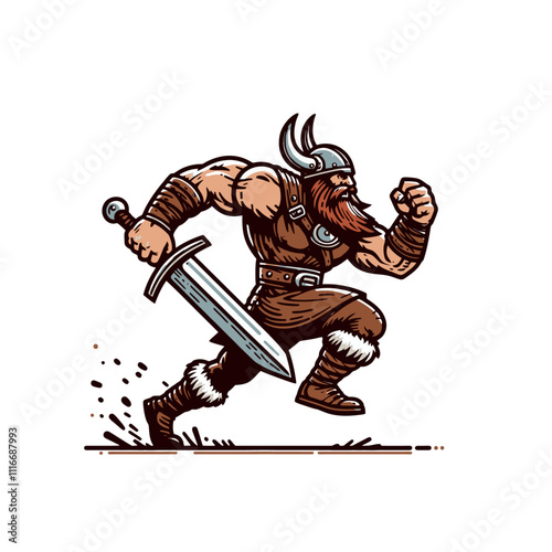 Viking Charging with Sword in Hand Isolated Vector Illustration