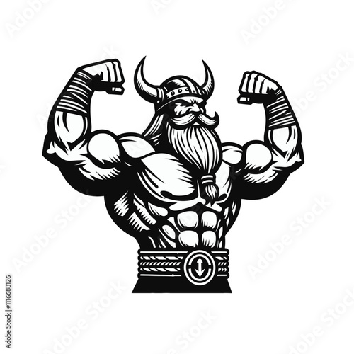 Muscular Viking Cartoon with Horned Helmet flexing muscules - Isolated Vector Illustration