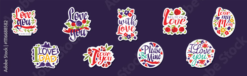 Love Lettering Sticker and Badges with Flowers Vector Set