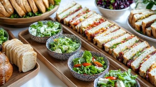 delightful corporate event morning tea setup featuring self-serve sandwiches on tiered wooden platters. The table is adorned with vibrant salads in ceramic bowls and an assortment of breads displayed
