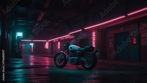 Abstract futuristic environment with motobikes and vibrant neon lighting effects photo