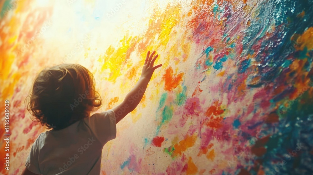 Fototapeta premium child using finger paints on a large canvas, vibrant splashes of color, soft sunlight, playful and imaginative activity