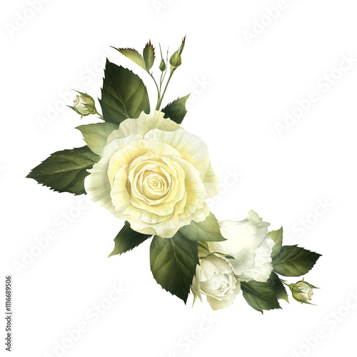 White roses watercolor corner isolated illustration. Bridal bouguet with flowers and buds for wedding inivation. Floral funeral clipart in realistic style for Catolic designs and Save the date cards