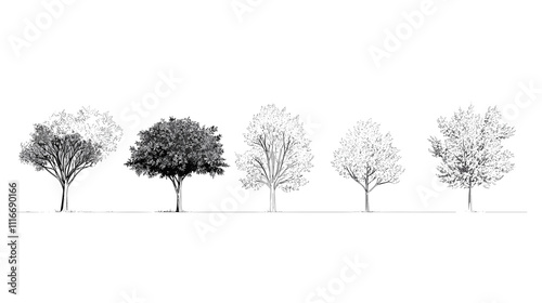 Architectural Drawings, Minimal style cad tree line drawing, Side view, set of graphics trees elements outline symbol for landscape design drawing. PNG illustration transparent background