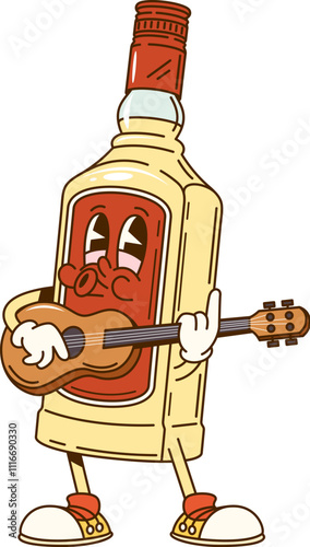 Cartoon groovy Mexican tequila bottle character with expressive eyes, playing a guitar. Isolated vector alcohol drink personage wearing sneakers, with a happy and musical vibe, conveying festive mood