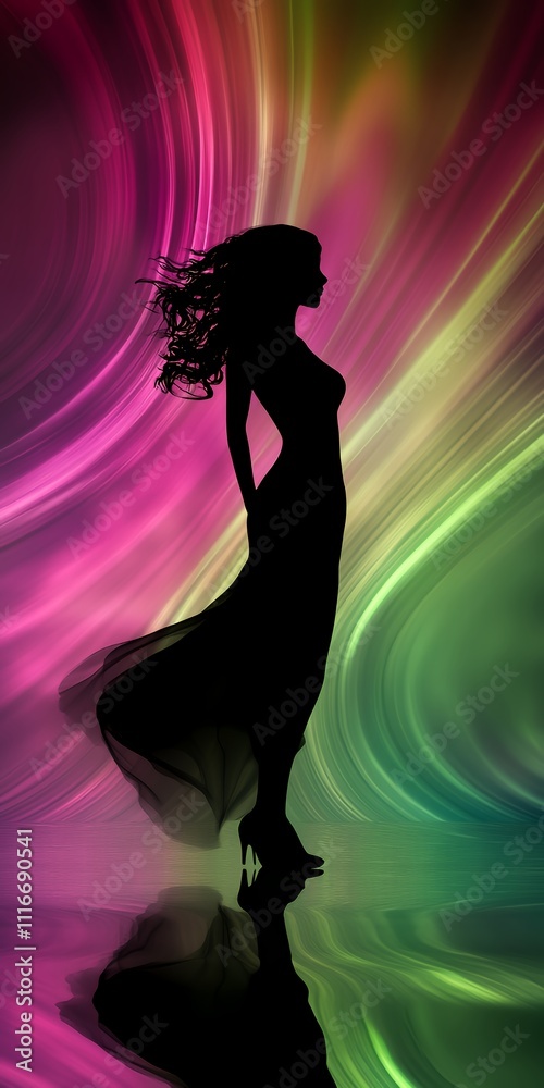 Elegant Silhouette of a Woman in Flowing Dress Against Colorful Abstract Background at Twilight Elegant Silhouette of a Woman in Flowing Dress Against Colorful Abstract Background at Twilight