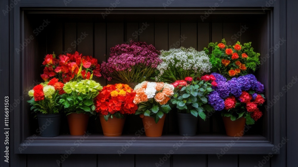 a vibrant flower shop window filled with fresh bouquets