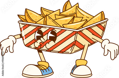 Cartoon groovy fried potato wedges fast food character. Vector potato chops in striped carton box. Retro funky fastfood personage in hippie sneakers, takeaway kids cafe menu junk meal, vegetable snack