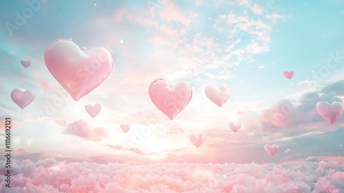 Soft pastel hearts floating on soft clouded sky while beautiful nature scenery captures essence love and unity in fresh bloom