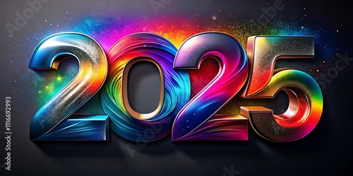 Vibrant 2025 Typography with Color Explosion Background. Dynamic 2025 Graphic Design with Spectrum Color Bursts. JPG, AI GENERATED