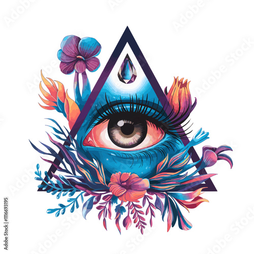 A vibrant and intricate artwork with a mystical and ethereal vibe. At the center is a detailed eye, surrounded by a triangle frame