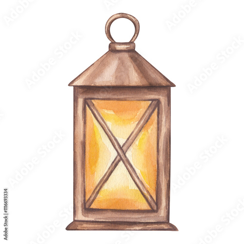 Brown lantern with glowing candle inside. Winter holiday symbol, Christmas decor. Attribute of Scandinavian gnomes. Kerosene Lamp. Handdrawn watercolor illustration isolated on white background
