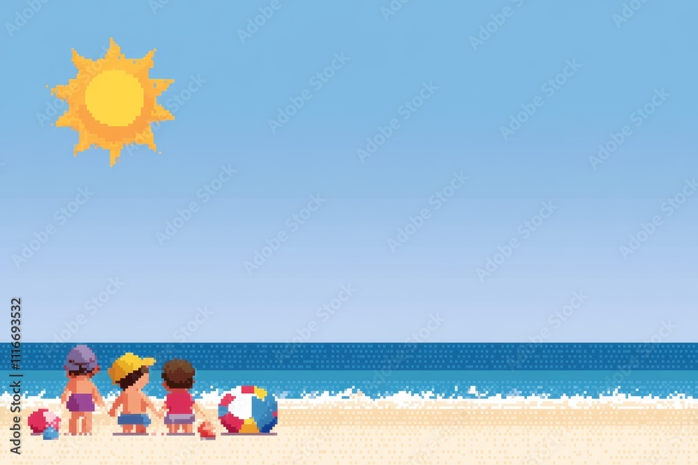 A beach scene with three children and a beach ball, pixel art 8 bit A beach scene with three children and a beach ball, pixel art 8 bit