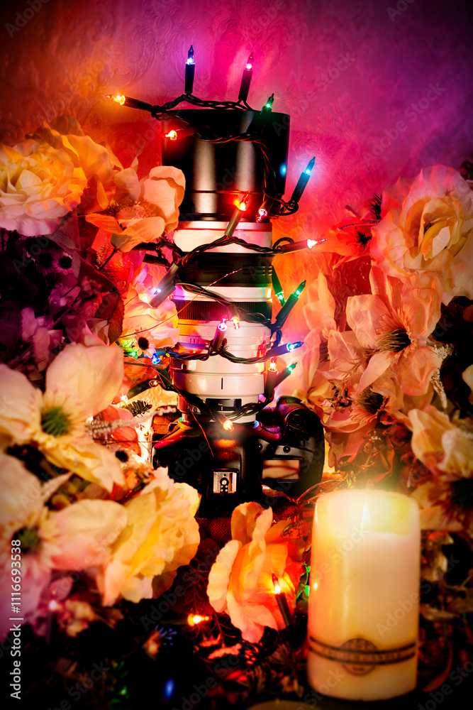 DSLR camera with white telephoto lens, dressed in Christmas lights - Christmas tree lights, surrounded by flowers. Christmas photography styling. Camera and Christmas tree. Wertical frame