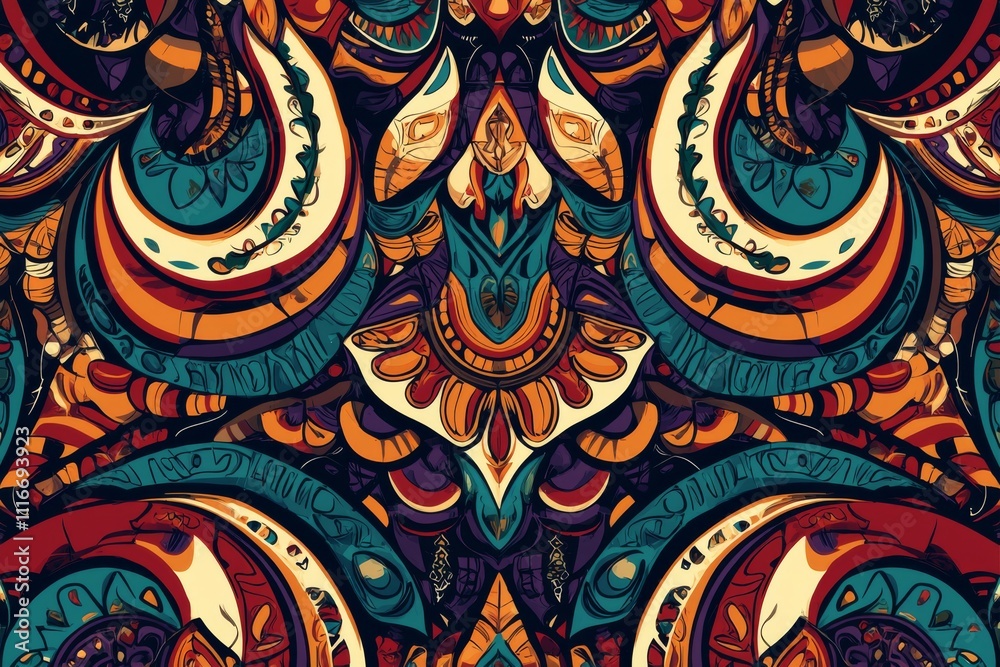 artistic textile repeat pattern featuring bold tribal elements against a smooth silk texture. The design combines rich colors and intricate line work artistic textile repeat pattern featuring bold tribal elements against a smooth silk texture. The design combines rich colors and intricate line work