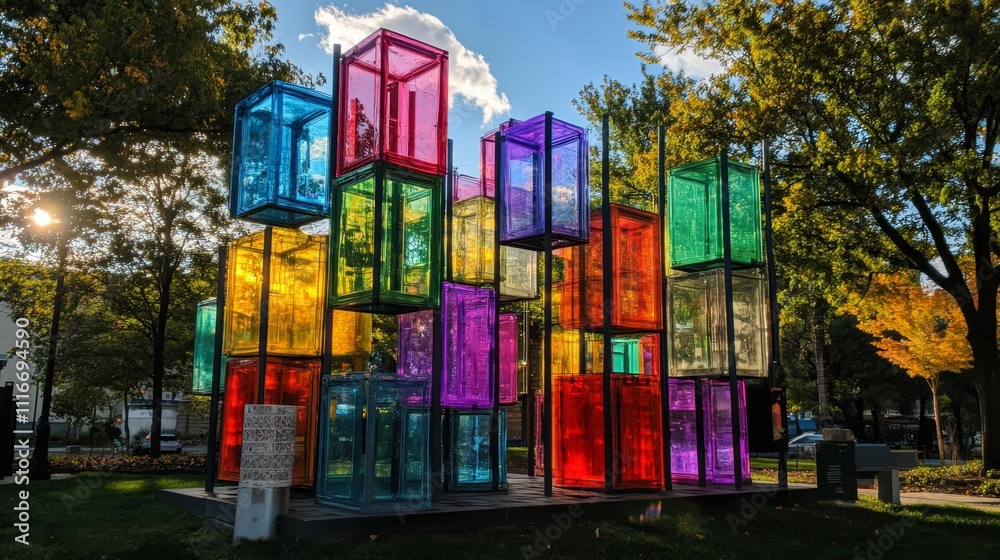 Fototapeta premium Colorful Glass Cube Installation in a Park