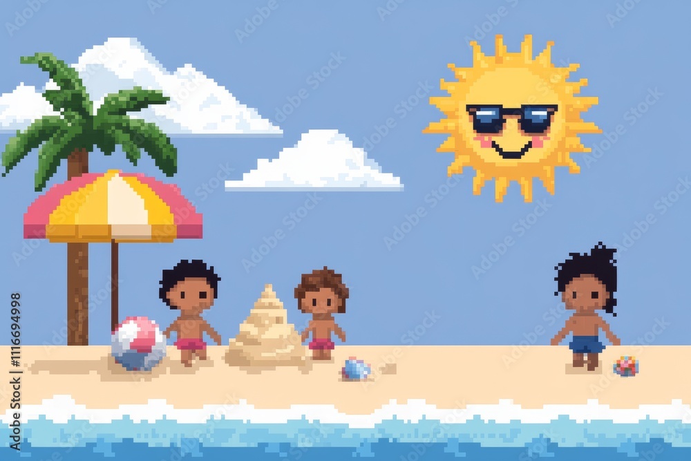 A group of children are playing on the beach, pixel art 8 bit A group of children are playing on the beach, pixel art 8 bit