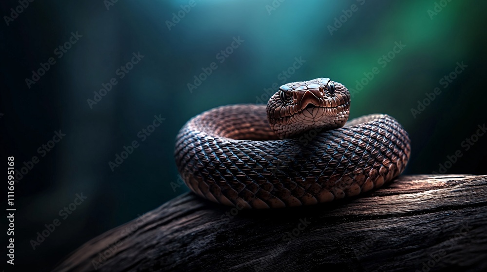 Close-up of a coiled snake resting on a log Close-up of a coiled snake resting on a log