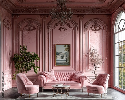 A beautifully rendered classic room featuring pink-colored boiserie, ideal for showcasing artwork photo