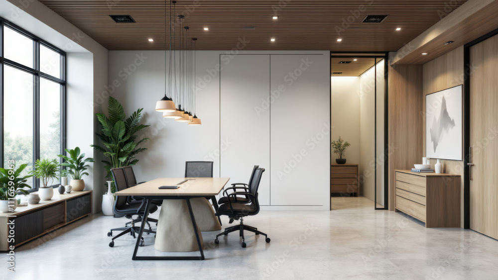 Fototapeta premium Office space with modern design elements featuring acoustic panels for sound insulation.