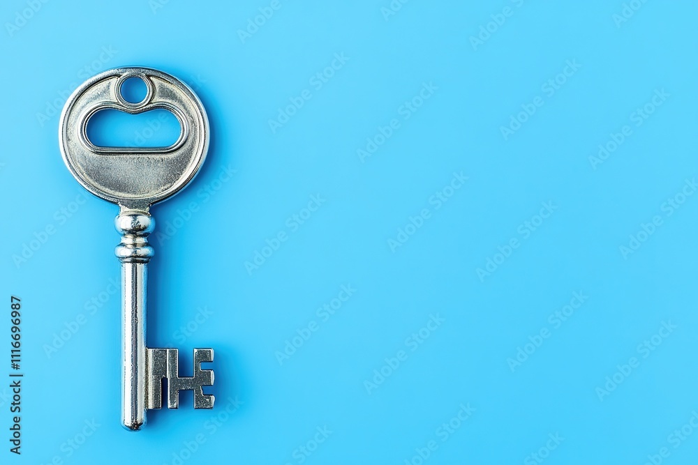 Silver key on blue background, minimalistic concept, top view Silver key on blue background, minimalistic concept, top view