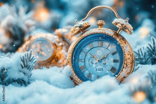 Golden clock showing 2025 date is lying on snow near fir branches and christmas lights photo