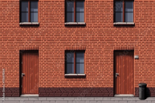 Brick apartment exterior with doors and windows