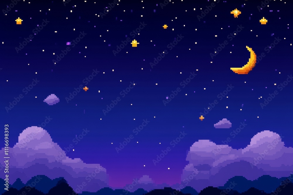 Naklejka premium Pixel art night sky with stars, crescent moon, and clouds