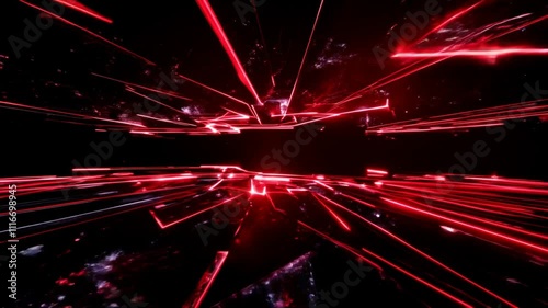 A dynamic and vibrant scene with bright red laser beams emanating from a central point, radiating outwards in multiple directions. These beams appear to be intertwined with some abstract shapes