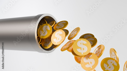 Gold coins flowing from a pipe, symbolizing wealth, success and financial growth. Perfect for projects related to business, finance and marketing.