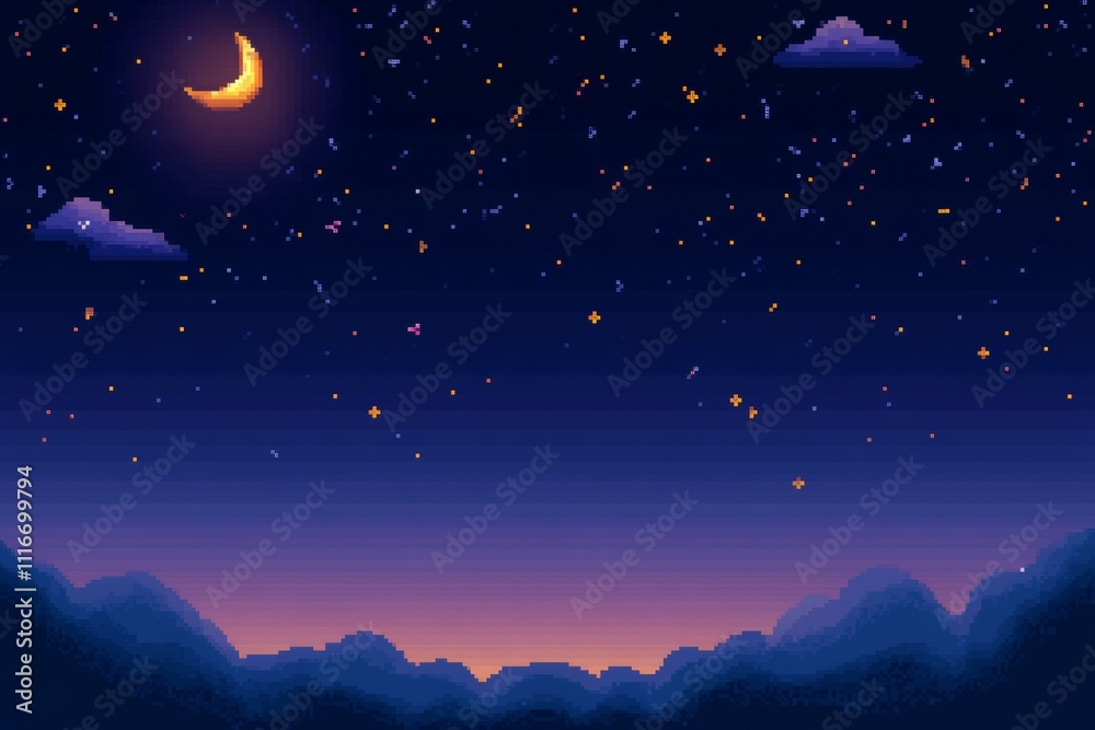 Fototapeta premium Pixel art night sky with crescent moon and stars over mountains