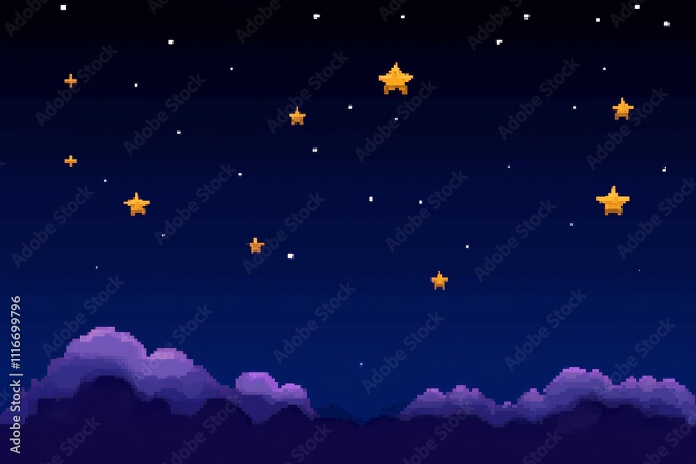 Naklejka premium Pixel art night sky with stars and purple clouds