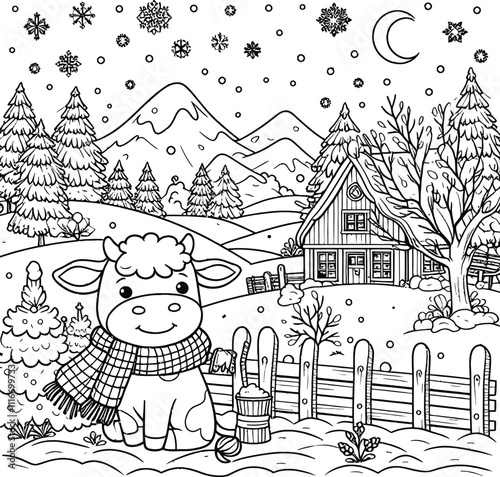 Sparkling Winter Night Sky coloring pages, Magical Snowy Forest Adventure