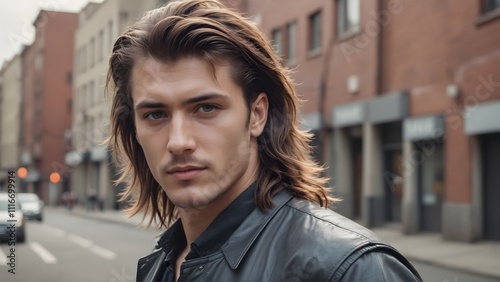 Man in leather jacket with long hair photo