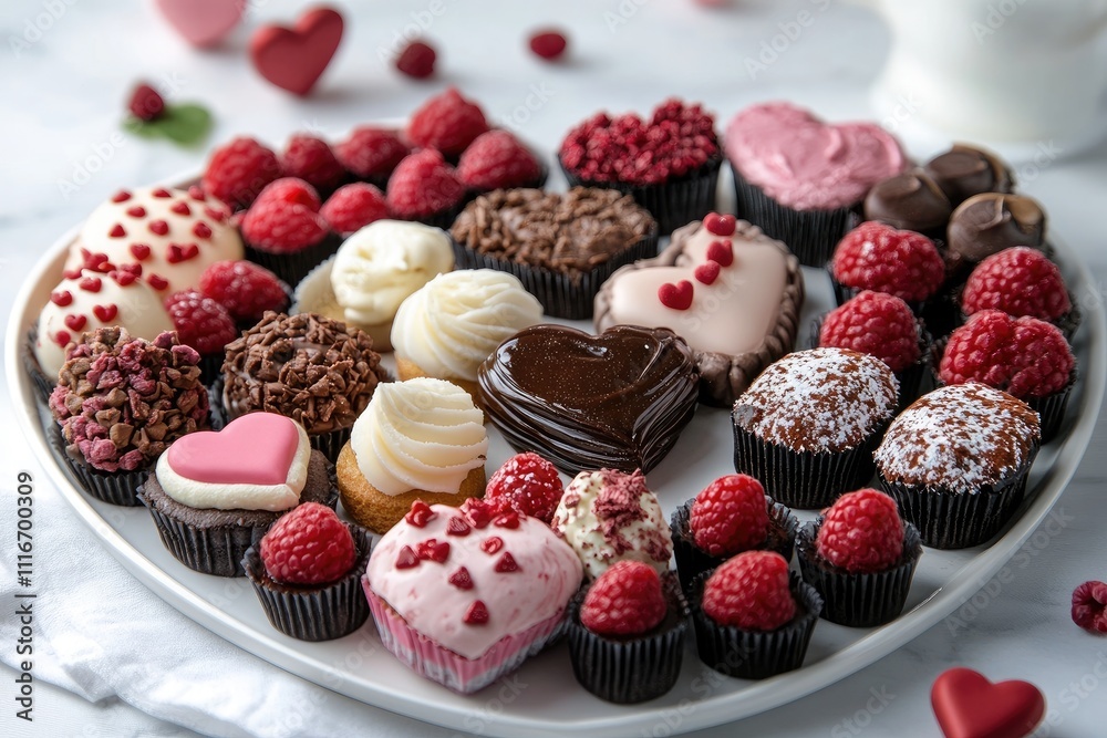 Delicious valentine's day heart shaped desserts and treats platter with cupcakes, raspberries and chocolate
