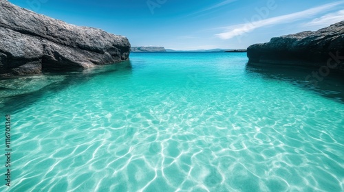 A breathtaking view of turquoise waters framed by large rocks under a clear blue sky, evoking a sense of tranquility and natural beauty in a serene setting. photo