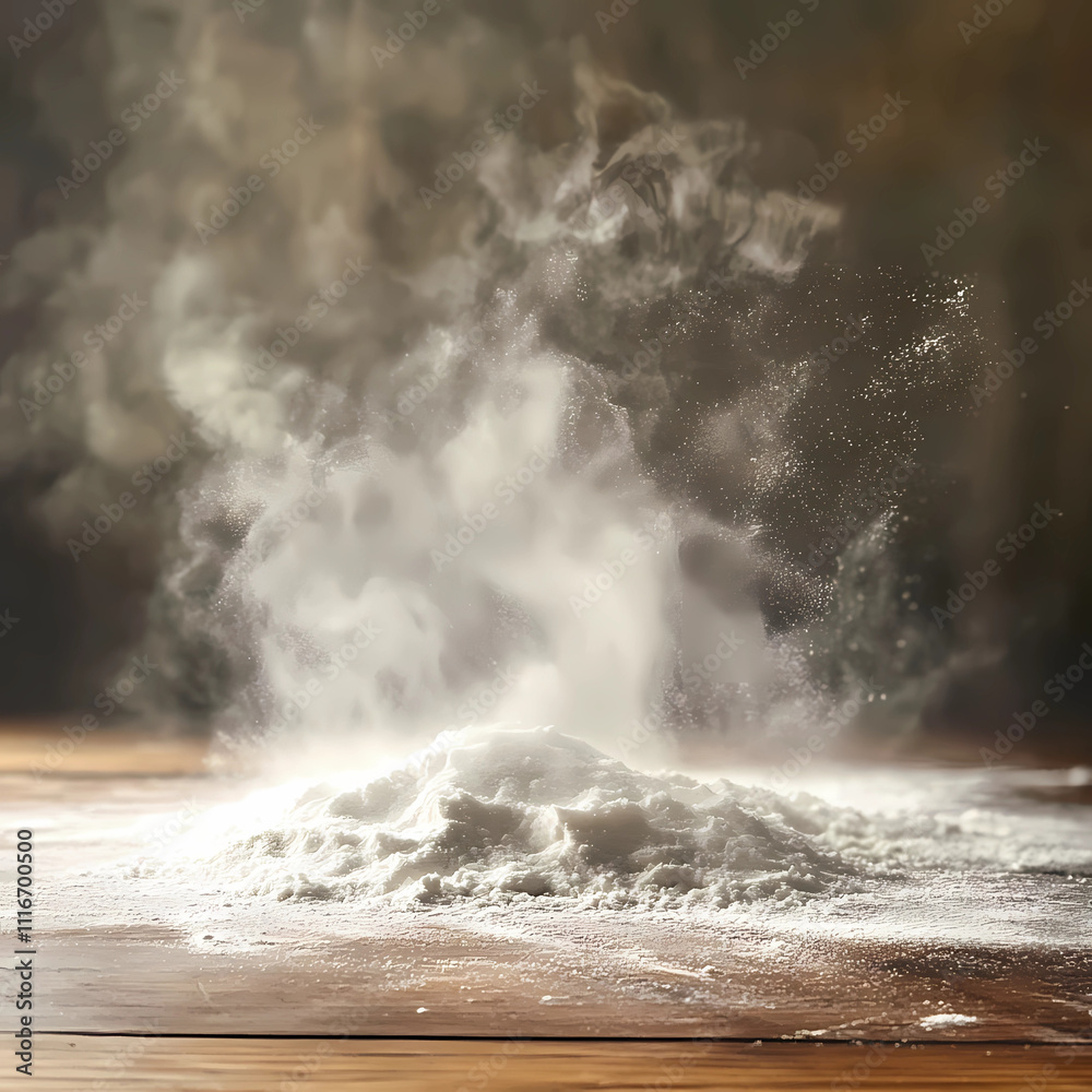 Obraz premium Culinary Delight: White Flour Being Sifted on a Wooden Surface in a Kitchen
