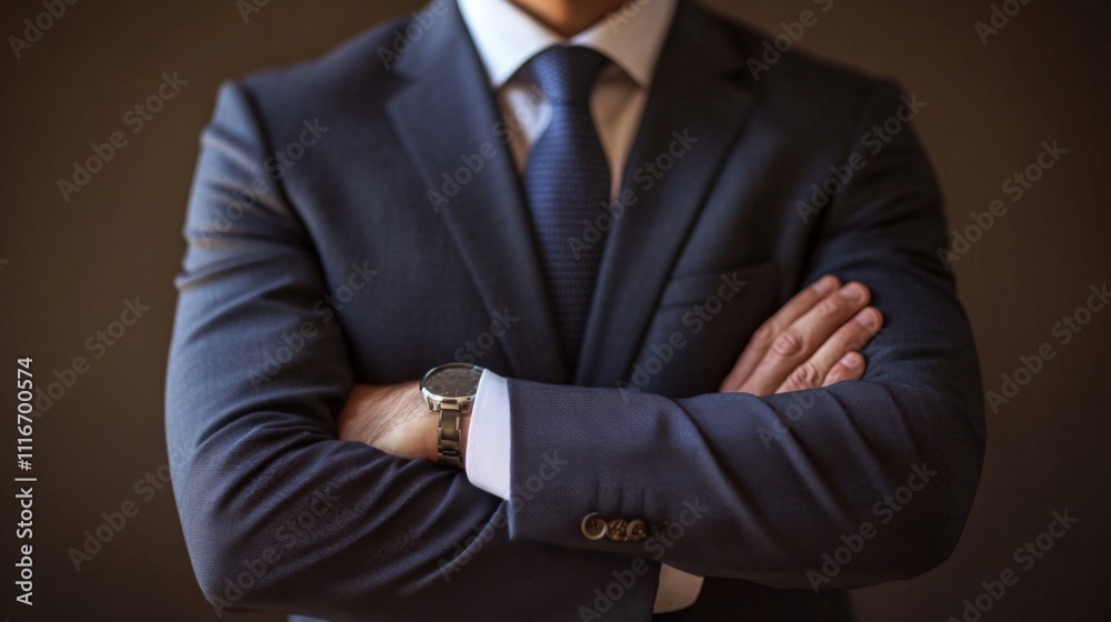 A Man in a Suit with His Arms Crossed and a Watch on His Wrist