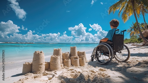 A young child in a wheelchair enjoying a sunny day on a tropical beach, sitting beside intricately built sandcastles under a clear blue sky.
