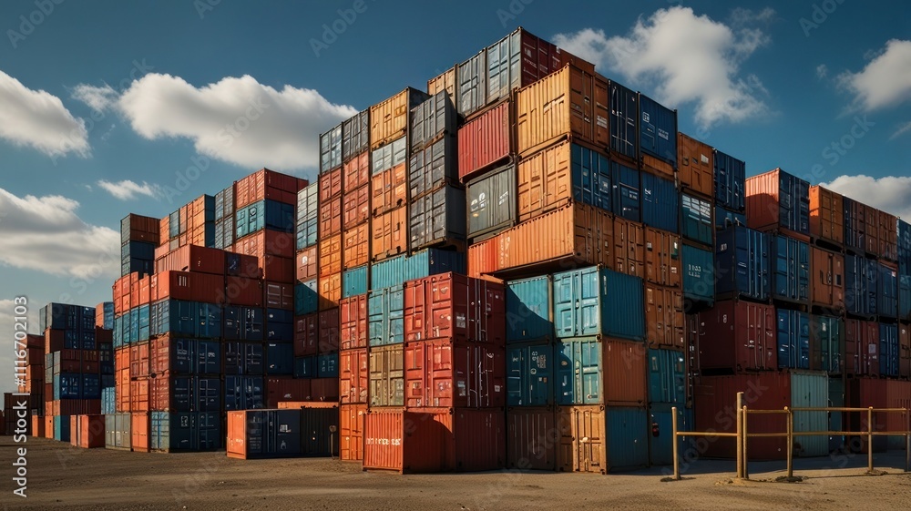 Stacked shipping containers under a bright sky. Stacked shipping containers under a bright sky.
