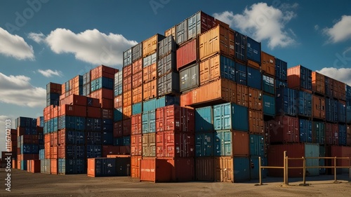 Stacked shipping containers under a bright sky. photo