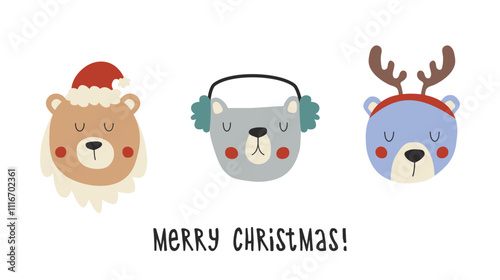 Merry Christmas greeting card, banner, poster with cute bears. Hand drawn bears with Christmas attributes and accessories.