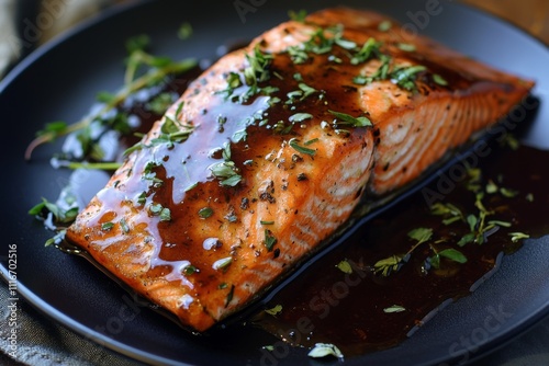 salmon glazed with bourbon, served on a sophisticated black plate. The dish features a vibrant red wine reduction, creating a striking contrast