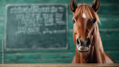 A curious horse gazes at the viewer, situated in a classroom with a green chalkboard in the background, suggesting a playful twist on traditional education. photo