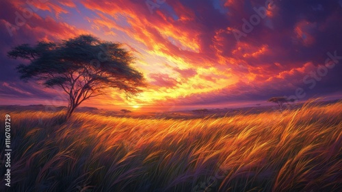 Sunset Over a Grassy Savanna with a Lone Tree