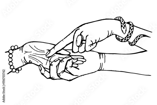 Spells. Prophecies from hand lines. Guesses the future. Prognostication. Sorcery magic. Vector line hand drawn illustration
