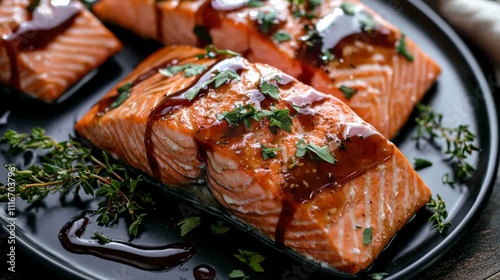 salmon glazed with bourbon, served on a sophisticated black plate. The dish features a vibrant red wine reduction, creating a striking contrast