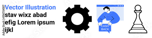 Gear icon, man accessing cashback offer, and chess piece portray innovation, ecommerce, and strategy. Ideal for technology, finance, business strategy, digital marketing, online shopping, product