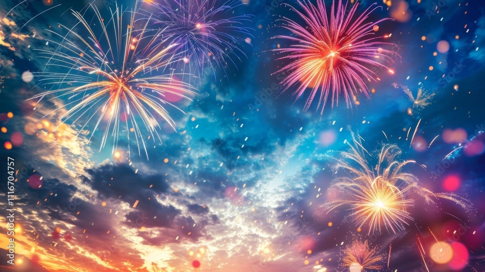 Fototapeta premium Fireworks night sky background illustration