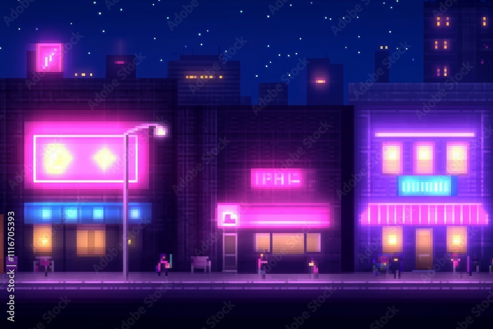 Fototapeta premium Neon-lit pixel art cityscape at night with illuminated buildings and starry sky